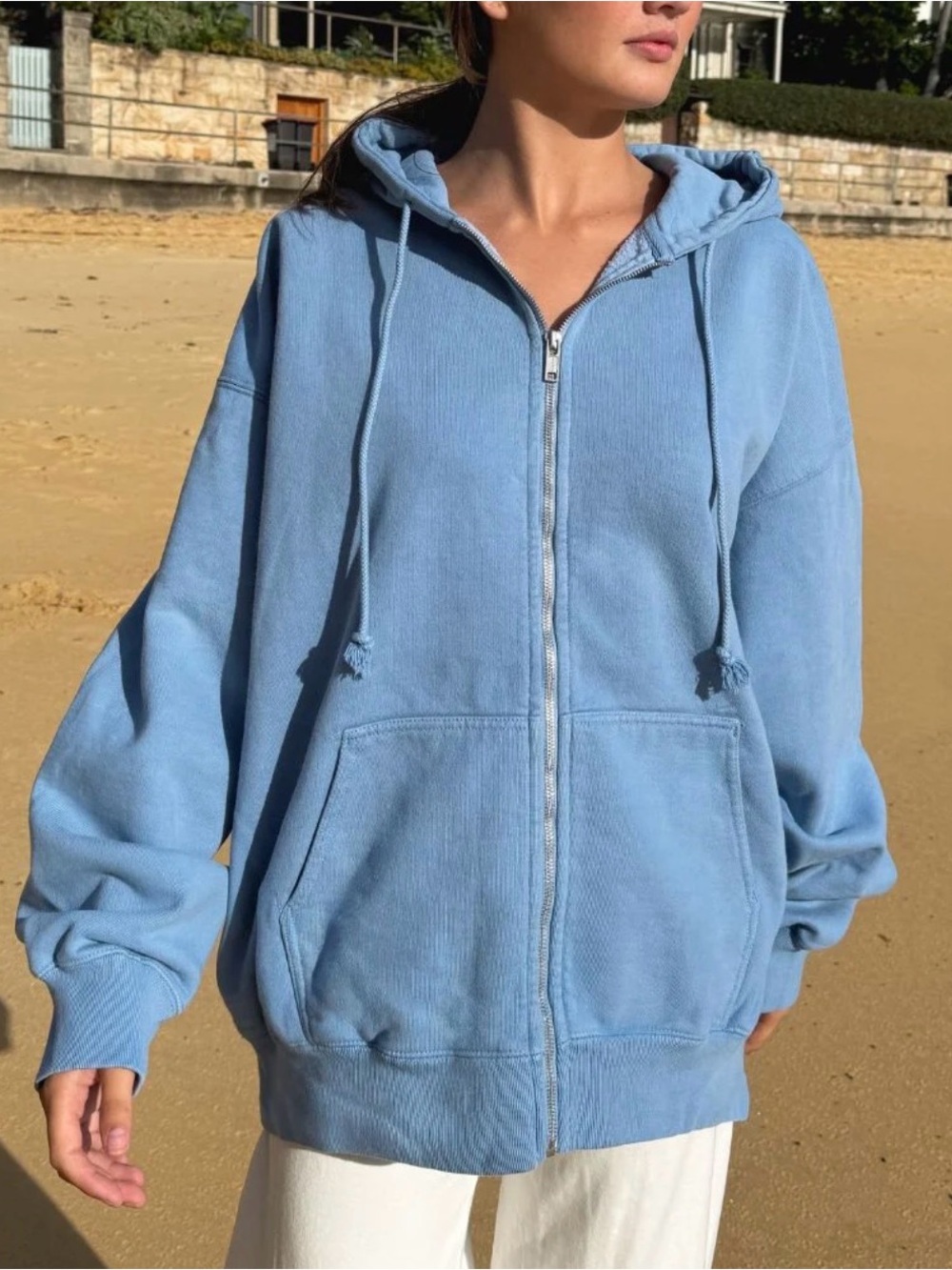 Brandy Melville Light Blue Hooded Zip-Up Jacket (oversized)